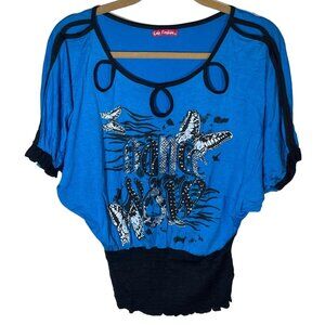 lady fashion short sleeve shirt blue black embellished butterfly medium READ
